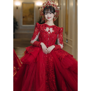 红色主婚纱礼服2024新款新娘拖尾2023重工出门纱高级小个子女长袖