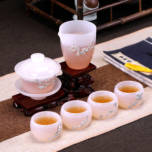 四君子玉瓷功夫茶具套装镶嵌陶瓷茶壶高端日春琉璃盖碗套装礼盒装