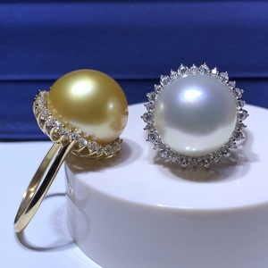 太阳花款珍珠戒指k金空托diy配件手饰品厚镶嵌指环黄金色白色圆形
