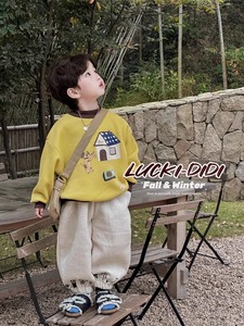 儿童韩国童装2024春季宝宝男童卡通卫衣灰色加薄绒休闲裤两件套装