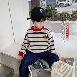韩系男童毛衣洋气2023秋冬新款韩版加绒加厚针织上衣时髦条纹打底
