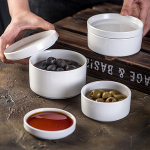 陶瓷带盖子储物罐配盖子多用汤碗小吃碟寿司碟米饭碗韩式圆碗纯白