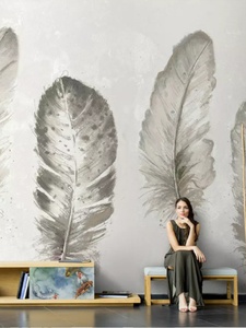 北欧抽象水彩金色羽毛电视背景墙壁纸卧室摄影区床头艺术墙纸壁画