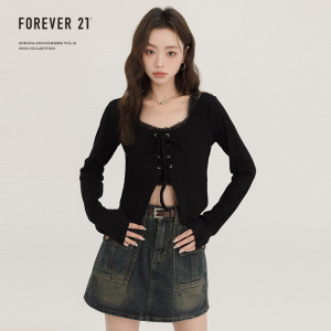 Forever21设计感蕾丝吊带假两件长袖T恤女装小众系带修身短款上衣