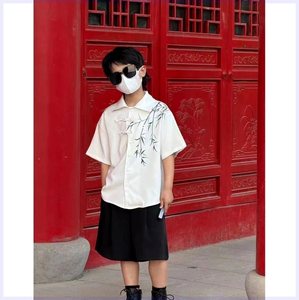 男童新中式国风衬衫夏季套装竹子印花短袖宽松休闲上衣潮流两件套