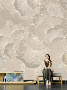 北欧抽象花卉线条壁纸轻奢电视背景墙纸暖色植物客厅卧室酒店壁画