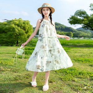 女童连衣裙夏季2024款韩版洋气时髦潮儿童网红雪纺裙子绿色吊带裙