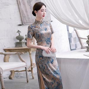 高档日常优雅长款旗袍复古老上海双层丝绸修身显瘦大码走秀演出服