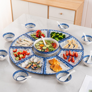 中式青花陶瓷盘子家用扇形盘套装餐具网红拼盘组合