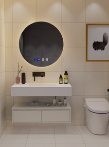 科勒奶油风浴室柜组合岩板无缝一体盆实木多层免漆柜卫生间洗脸盆