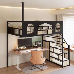 高架床上床下书桌组合下空单上层小户型带衣柜隔空高低床复式二楼