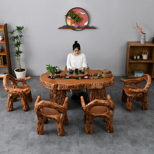 仿根雕茶桌椅子组合茶具套装一体办公室内家用养鱼池流水茶台户外