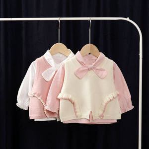 巴拉巴柆韩系女童毛衣背心两件套装春季新款儿童洋气蝴蝶结长袖衬