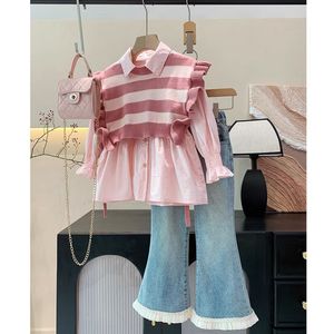 巴拉巴柆欧美女童装春秋季洋气纯棉衬衫条纹针织马甲两件套装韩版