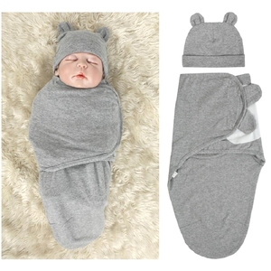 新生儿防惊跳包裹巾 婴儿裹毯 全棉婴儿胎帽+睡袋套装0-3月兔耳帽
