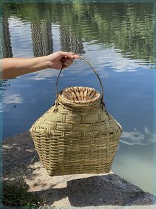 鱼篓手工竹编制品捕鱼抓虾竹笼带盖子采茶大号竹筐手提竹篮子装饰