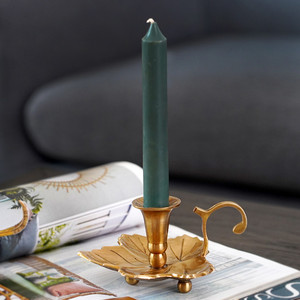 欧式美式复古印度黄铜长蜡烛烛台 树叶形状轻奢铜制怀旧摆件装饰