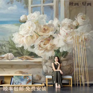 手绘油画玫瑰地中海风格花瓶客厅电视背景墙纸无缝沙发壁纸壁画布