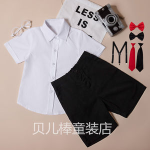 新款男童白衬衫校服夏装短袖六一儿童幼儿园表演学生背带黑短裤子