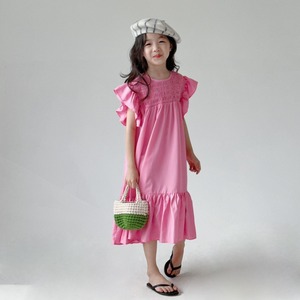 巴­拉巴­拉2024女童春夏新款韩版气质玫粉色荷叶袖连衣裙中大童值