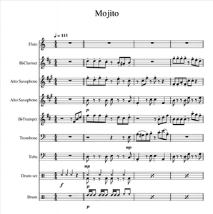 周杰伦 莫吉托 长笛单簧管萨克斯长号大号鼓 管乐六重奏总谱分谱