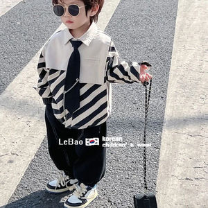韩系2024春季新款男童套装帅气黑白条纹衬衫上衣儿童炸街裤子两件