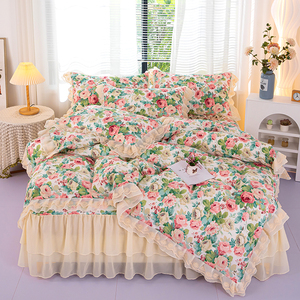 全棉田园花卉蕾丝被套韩式公主风夹棉绗缝床裙四件套纯棉床上用品