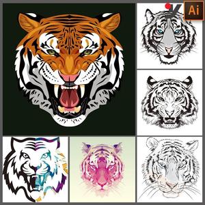 凶猛野兽动物老虎头像服饰印花纹身图案抽象插画背景矢量设计素材
