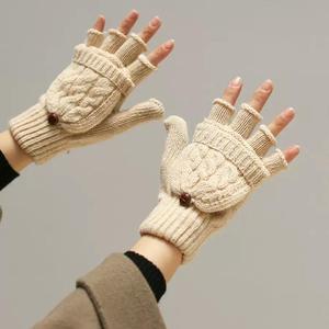 两翻盖用半指针织手套秋冬季学生打字用毛线保暖露指复古米色手套