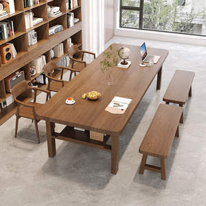 客厅大长书桌沙发实木原木书架一体长条高级感长桌子家用设计师款