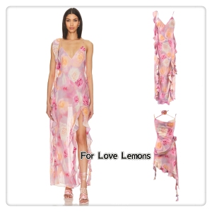 现货 For Love Lemons 24夏季新款度假风印花v领开衩吊带连衣裙女