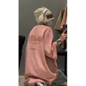 李宁麂皮绒粉色t恤男款夏季美式复古穿搭正肩短袖高级感潮牌情侣