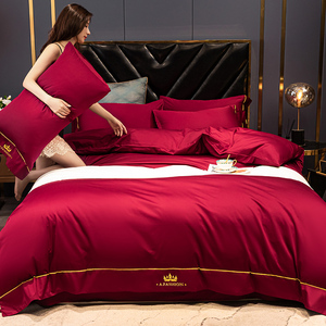 富安娜结婚红色四件套纯棉全棉婚庆床上用品床单被套新婚喜被床笠