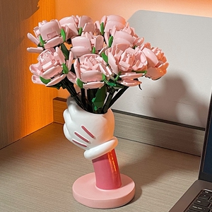 2024新款米奇花瓶粉色插花乐高花束专用桌面摆件积木花配套米手握