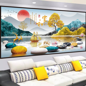 客厅装饰画3d立体墙贴画自粘沙发背景墙轻奢大气山水画壁画墙纸