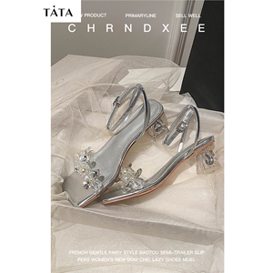 Tata他她女鞋2024超火凉鞋时尚水钻一字带银色粗跟方头水晶高跟鞋