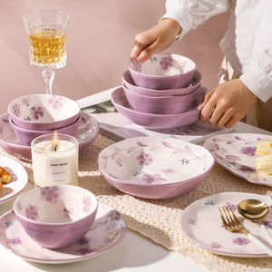 川岛屋紫兰花日式碗碟套装家用釉下彩餐具米饭碗汤碗面碗盘子菜盘