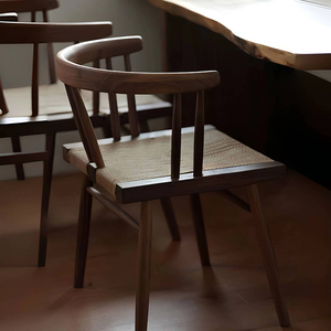 中复古实木绳编餐椅子侘寂靠背茶室主人书桌化妆日新中式胡桃木色