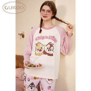 GUKOO/果壳春秋女士睡衣卡通长袖睡衣圆领休闲家居服套装显瘦外穿