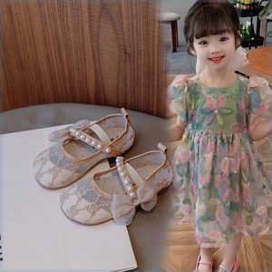 儿童小中新品大童网纱单鞋2023年夏季女童珍珠可爱蝴蝶结透气小熊