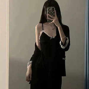 罗丽丝官方正品韩风高级感吊带睡衣女夏季新款黑色花边性感长裤三