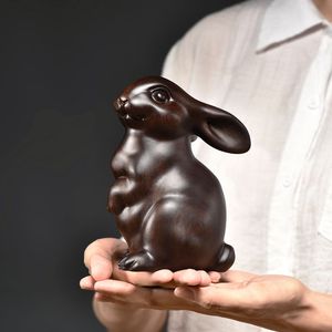 黑檀木雕刻兔子摆件实木十二生肖可爱木头兔红木工艺礼品客厅装饰