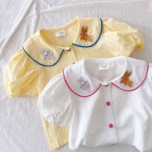戴维贝拉夏季女童白衬衫短袖韩版宝宝卡通刺绣娃娃领衬衣小童可爱
