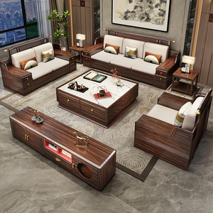 新中式乌金木沙发全实木现代简约储物贵妃沙发客厅家具工厂直销款