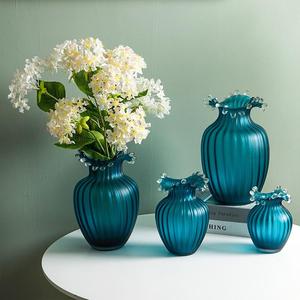 新款现代北欧水花口蓝色玻璃花瓶水培鲜花器餐桌面家居装饰品摆件