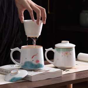 羊脂玉手绘韵荷茶杯办公杯陶瓷茶水分离泡茶杯个人专用带过滤水杯