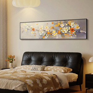 卧室装饰画大芬村油画花卉肌理感横幅主卧房间挂画温馨室内墙壁画