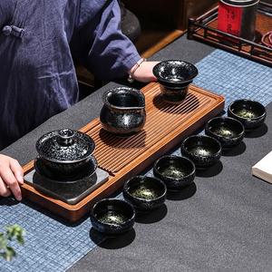功夫茶壶茶盏璀璨建盏原矿铁胎盖碗茶杯中式蓝麒麟茶具整套盒