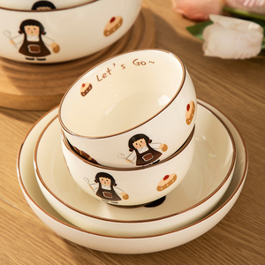 可爱小厨娘小陶器好看的陶瓷餐具餐盘家用米饭碗泡面碗勺子酸奶碗