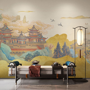 新中式意境建筑墙纸典雅飞鹤楼阁电视背景墙壁纸客厅沙装饰墙壁画